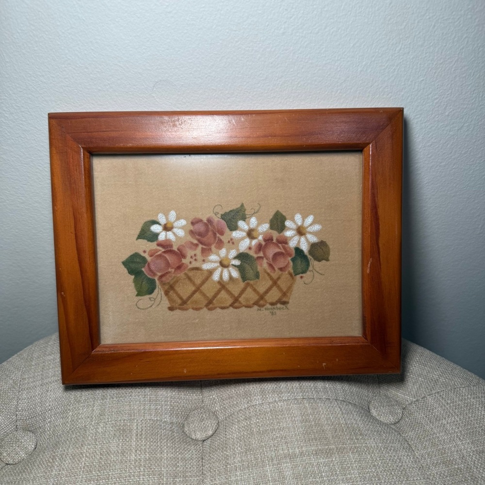 Vintage 1983 Theorem Painting Folk Art Roses Daisies Basket Signed M Hornbeck